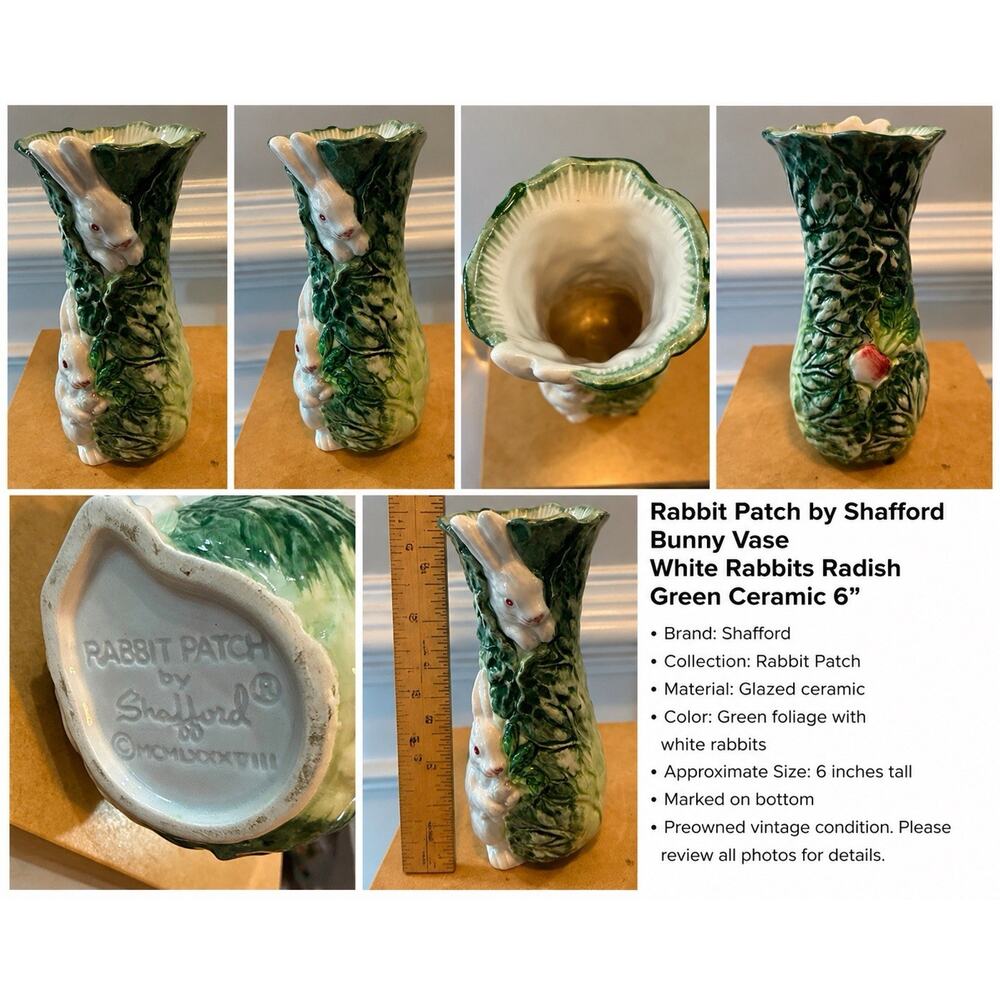 Rabbit Patch by Shafford Bunny Vase White Rabbits Radish Green Ceramic 6”